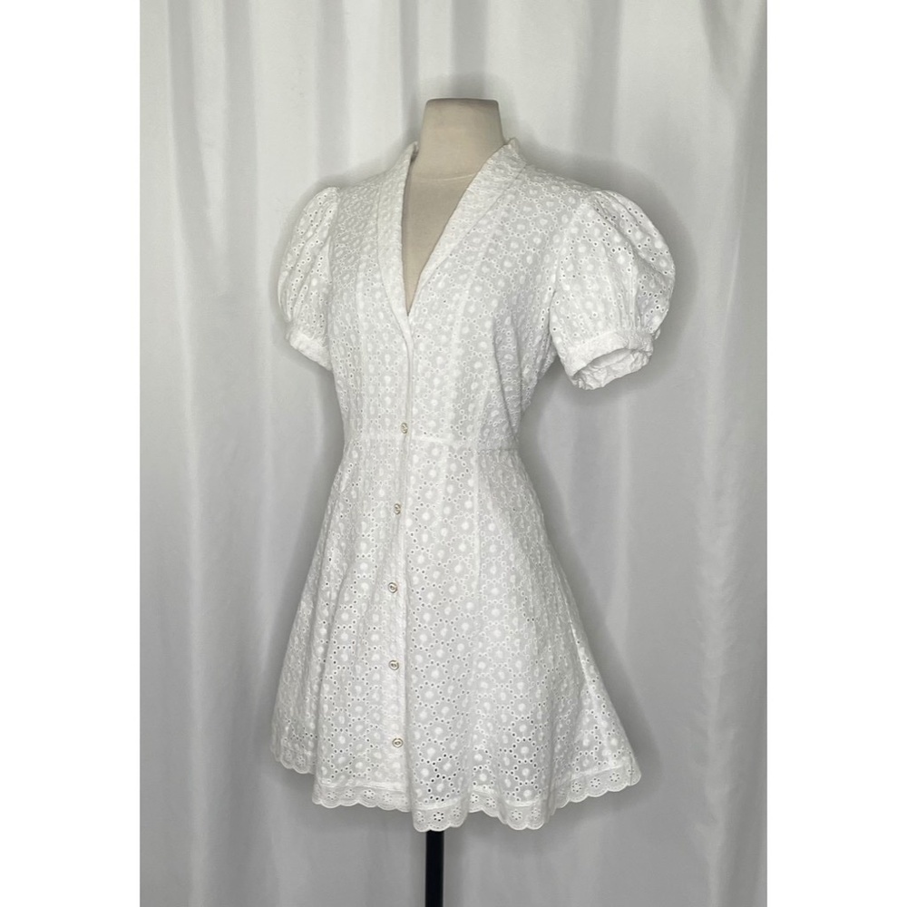 CAROLINE CONSTAS Bel Buttoned Cotton Mini Dress White Eyelet Bridal Shower Small - Picture 8 of 16